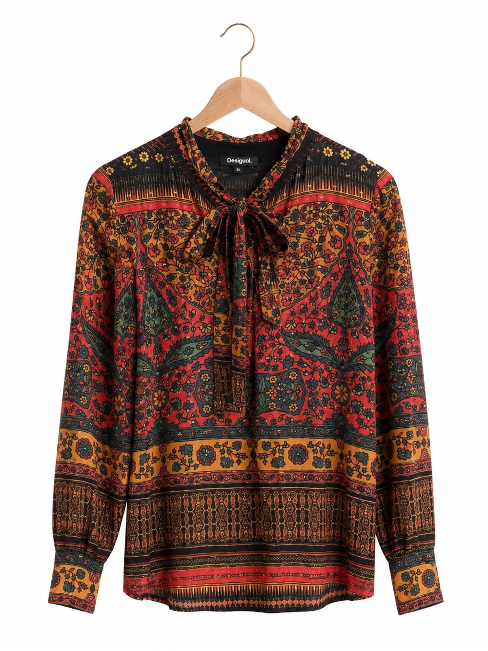 Desigual Boho Metallic Floral Tie Neck Blouse XS Artsy Y2K